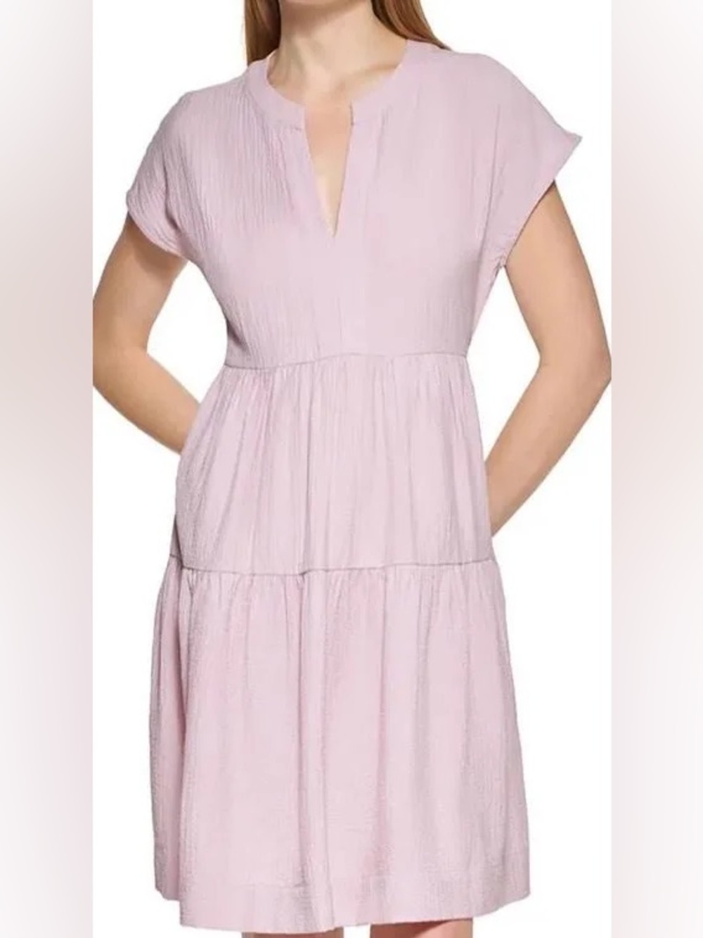 Calvin Klein - Pink Textured Tiered V-Neck Dress